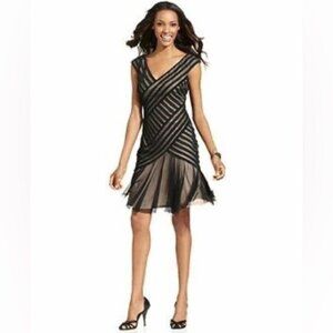 London Times Black Tan Beige V-Neck Striped Sleeveless Formal Sheer Dress Size 6